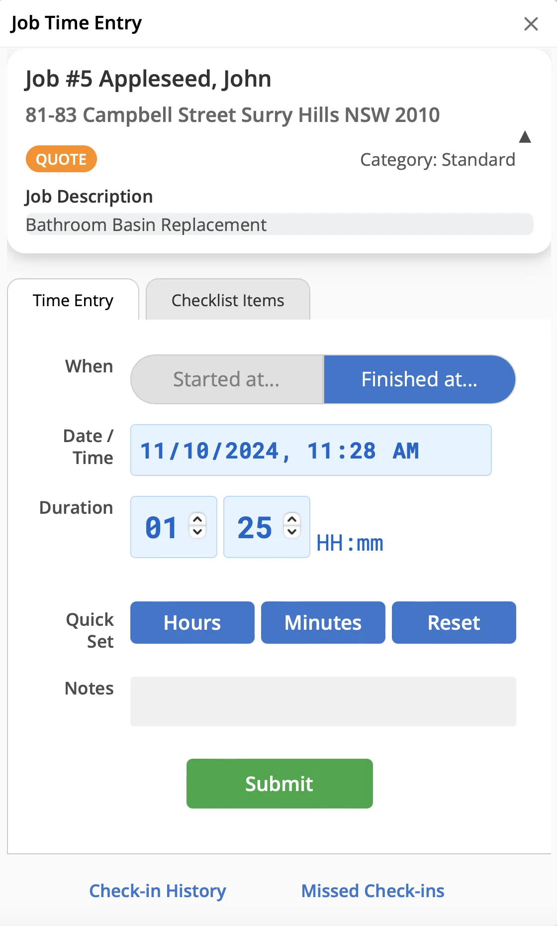 Job Time Entry add-on user interface, screenshot 1