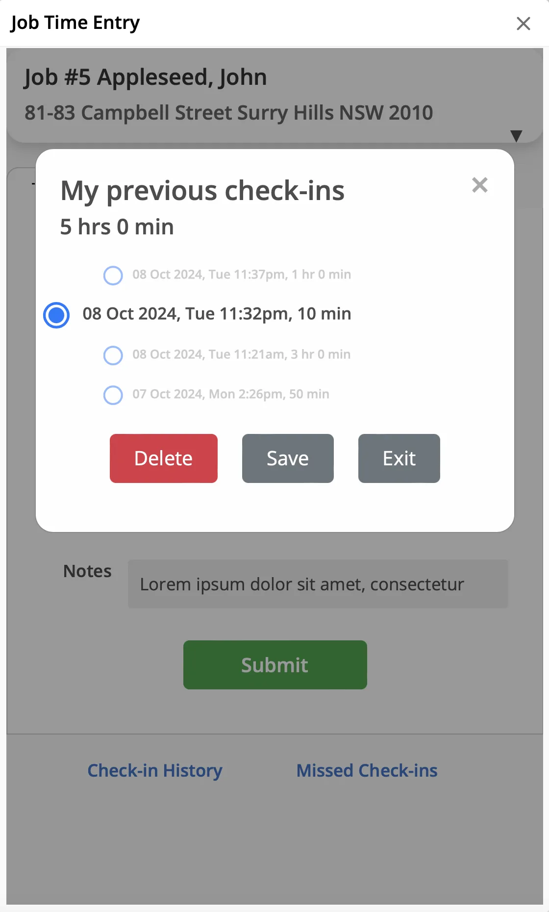 Job Time Entry add-on user interface, screenshot 2