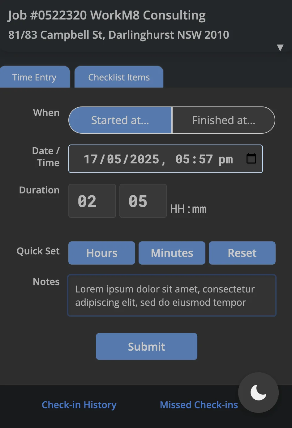 Job Time Entry add-on user interface, screenshot 3